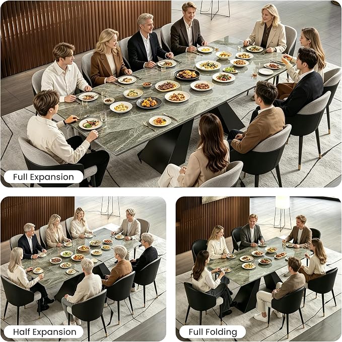 Modern Telescoping Dining Table for 8-10 People, 63-94.5 Inch Retractable Italian Grey Faux Marble Tabletop Thick Carbon Steel Base for Dining Room Kitchen Family Party