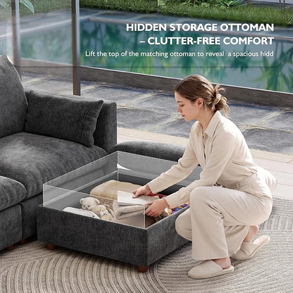 Ihanherry 152" Oversized Modular Sectional Sofa, Modern U Shaped Cloud Couch with 2 Storage Ottoman, 6-Seat Comfy Chenille Deep Seat Sofa with 2 Pillows for Living Room, Grey