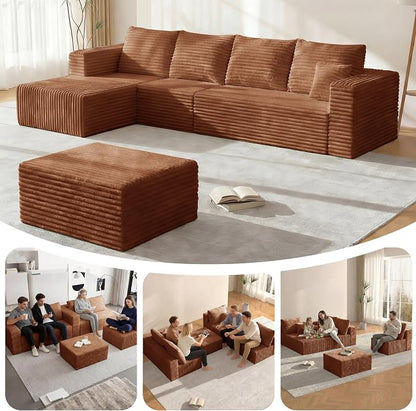 118" Sectional Sofa, Boneless Compressed Sofa in a Box, U-Shaped Cloud Couch with Deep Seats & Chaise for Living Room, No Assembly Required (Orange, 118" U-Shape with Left Facing Chiase)