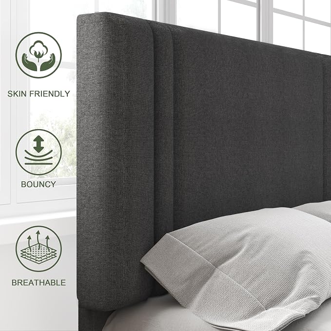 Feonase Twin Platform Bed Frame, Fabric Upholstered Twin Bed Frame, Solid Wood Slats & Heavy Duty Feet Support, No Box Spring Needed, Noise-Free, Easy Assembly, Dark Grey
