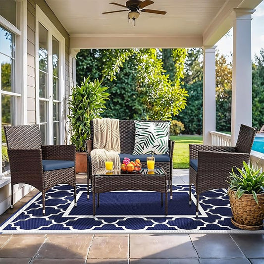 GENIMO 9' x 12' Outdoor Rug Waterproof for Patio Decor, Foldable Reversible Plastic Straw Area Rugs Mat for Camper, Outside Carpet for Rv, Deck, Porch, Picnic, Beach, Balcony, Blue & White