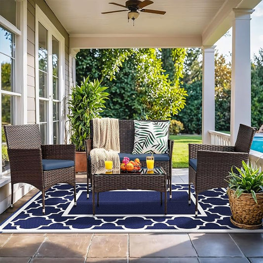 GENIMO 3' x 5' Outdoor Rug Waterproof for Patio Decor, Foldable Reversible Plastic Straw Area Rugs Mat for Camper, Outside Carpet for Rv, Deck, Porch, Picnic, Beach, Balcony, Blue & White