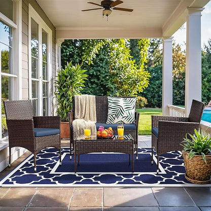 GENIMO Outdoor Rug 8' x 10' Patio Waterproof, Foldable Reversible Plastic Straw Area Rugs Mat for Camper Decor, Outside Carpet for Rv, Deck, Porch, Picnic, Beach, Balcony, Blue & White