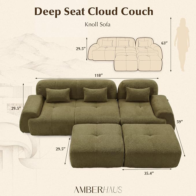 118'' Modular Sectional Cloud Couch Boneless Couches, Oversize Curved Sectional Couches for Living Room, Deep Seat Couch Lambswool Sofa with Ottoman & Throw Pillows, No Assembly, HR Foam