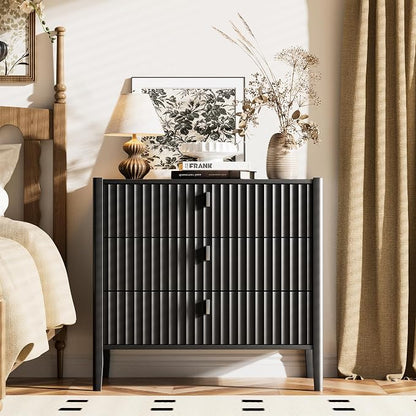 Furniway 31.5" Wide Black 3 Drawer Nightstand, Modern Fluted Bedside Table with Metal Handles, Large Storage End Table for Bedroom