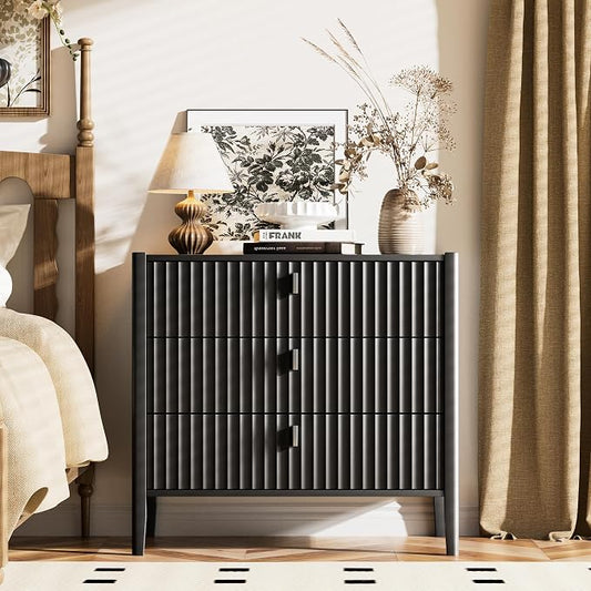 Furniway 31.5" Wide Black 3 Drawer Nightstand, Modern Fluted Bedside Table with Metal Handles, Large Storage End Table for Bedroom