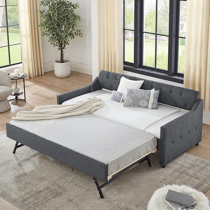 KEIKI Twin Size Upholstery Daybed with Trundle and USB Charging Design, Twin to King Design Mid-Century Extendable Sofa Bed, Easy Assembly, No Box Spring Required, for Living Room, Bedroom, Dark Grey