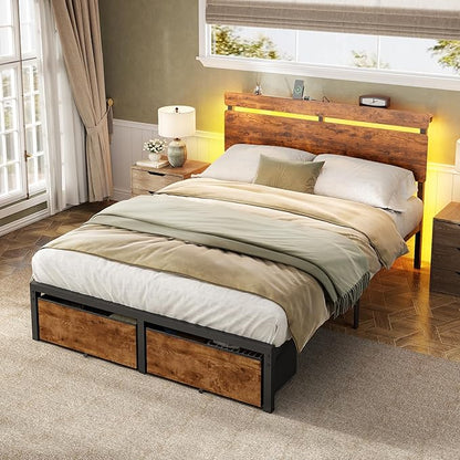Forestell Full Size Bed Frame with Wood Headboard, Metal Platform Bed with 2 Storage Drawers & Shelf, Built in Charging Station & LED Lights, No Box Spring Needed, Vintage Brown, Camas Full