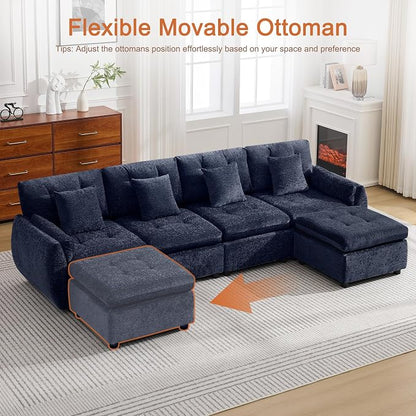 112" U Shaped Modular Sectional Cloud Sofa with 2 Ottomans, Oversized Deep Seat Tufted Chenille 6-Seater Couch with Curved Arms, Upholstered Sofas for Living Room, Blue