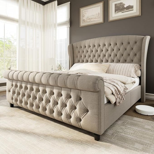AMERLIFE King Size Platform Bed Frame, Linen Upholstered Sleigh Bed with Scroll Wingback Headboard & Footboard/Button Tufted/No Box Spring Required/Khaki