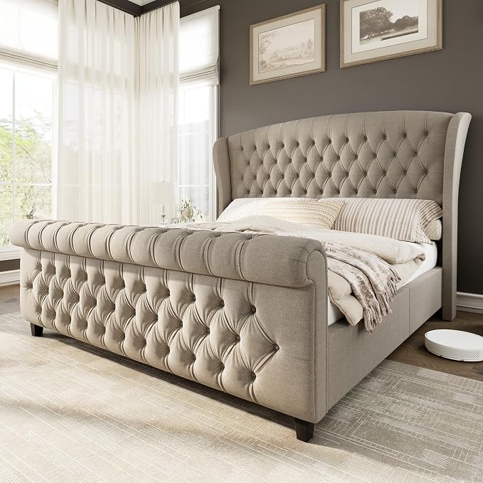 AMERLIFE Queen Size Platform Bed Frame, Linen Upholstered Sleigh Bed with Scroll Wingback Headboard & Footboard/Button Tufted/No Box Spring Required/Khaki