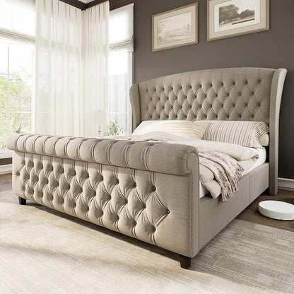 AMERLIFE Queen Size Platform Bed Frame, Linen Upholstered Sleigh Bed with Scroll Wingback Headboard & Footboard/Button Tufted/No Box Spring Required/Khaki