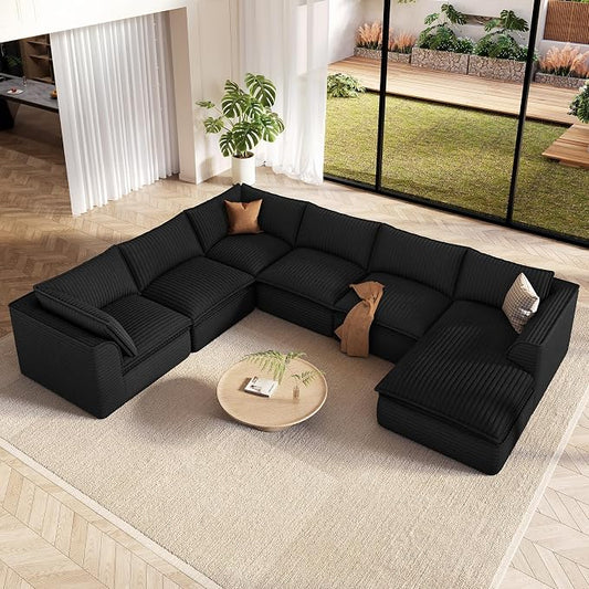 Vesgantti 141.7" Oversized Sectional Boneless Couch, Modern 7 Seater Modular Sofa with Chaise, Deep Seat Convertible Plush Corduroy Cloud Couches for Living Room, No Assembly Required, Black