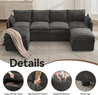 105" Cloud Modular 4 Seater Sofa with 2 Storage Ottoman, Modern Upholstered Sofa Storage Sofa Couch Deep Seat, U Shape Sectional Sofa Chenille Comfy Couch with Armrests for Living Room, Dark Grey