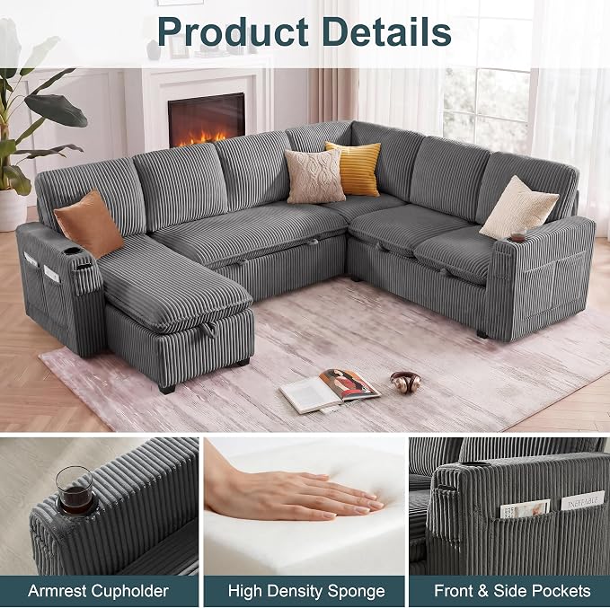 Sectional Sleeper Sofa with Pull Out Bed, Plush Corduroy 7 Seat Modular Sectional Sofa with Storage Chaise and Adjustable Backrest, Cloud Couches for Living Room, Apartment, Smoke Grey