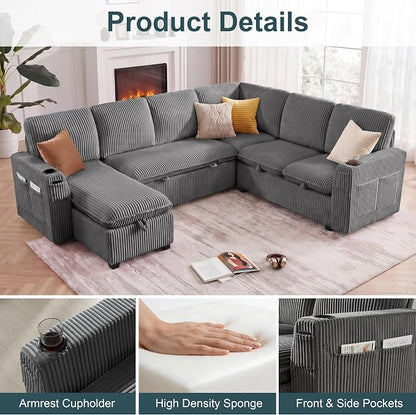 Sectional Sleeper Sofa with Pull Out Bed, Plush Corduroy 7 Seat Modular Sectional Sofa with Storage Chaise and Adjustable Backrest, Cloud Couches for Living Room, Apartment, Smoke Grey