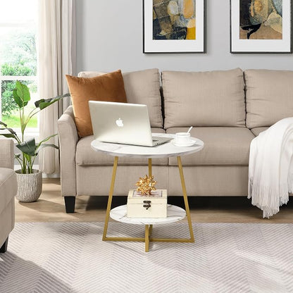 D&H FURNIMMT 20" Living Room Side Table Set of 2 for Small Spaces, 2 Tier Wood Top Round End Tables with Storage Shelf, Accent Sofa Table for Bedroom, Office, Sunroom, Balcony, White Faux Marble/Gold
