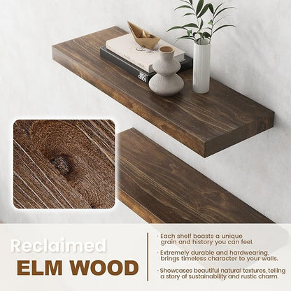 Floating Shelves for Wall Decor, 8" Deep Solid Elm Wood Floating Shelves Wall Mounted, Rustic Wall Shelves with Invisible Bracket for Living Room Bathroom Bedroom Kitchen, 24 Inch Set of 2, Walnut