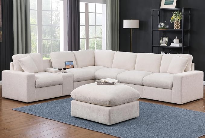 Ball & Cast 127" Modular Sectional Sofa,Modern Oversized Cloud Couch with Cup Holder&USB Port,7 Seat Convertible L-Shaped Chenille Sofas W/Ottoman,Pillows&Storage Box,Comfy Couch for Living Room,Beige
