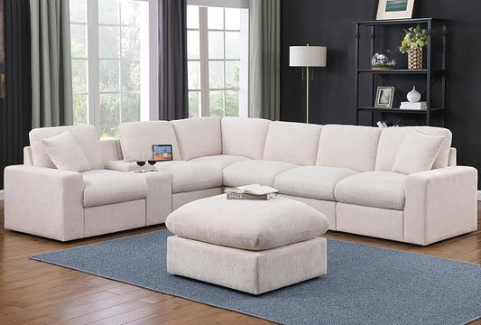 Ball & Cast 127" Modular Sectional Sofa,Modern Oversized Cloud Couch with Cup Holder&USB Port,7 Seat Convertible L-Shaped Chenille Sofas W/Ottoman,Pillows&Storage Box,Comfy Couch for Living Room,Beige