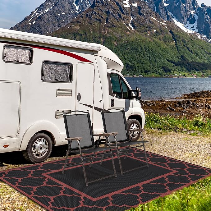 GENIMO 6' x 9' Outdoor Rug Waterproof for Patio Decor, Foldable Reversible Plastic Straw Area Rugs Mat for Camper, Outside Carpet for Rv, Deck, Porch, Picnic, Beach, Balcony, Black & Red