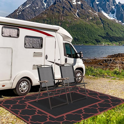 GENIMO 6' x 9' Outdoor Rug Waterproof for Patio Decor, Foldable Reversible Plastic Straw Area Rugs Mat for Camper, Outside Carpet for Rv, Deck, Porch, Picnic, Beach, Balcony, Black & Red