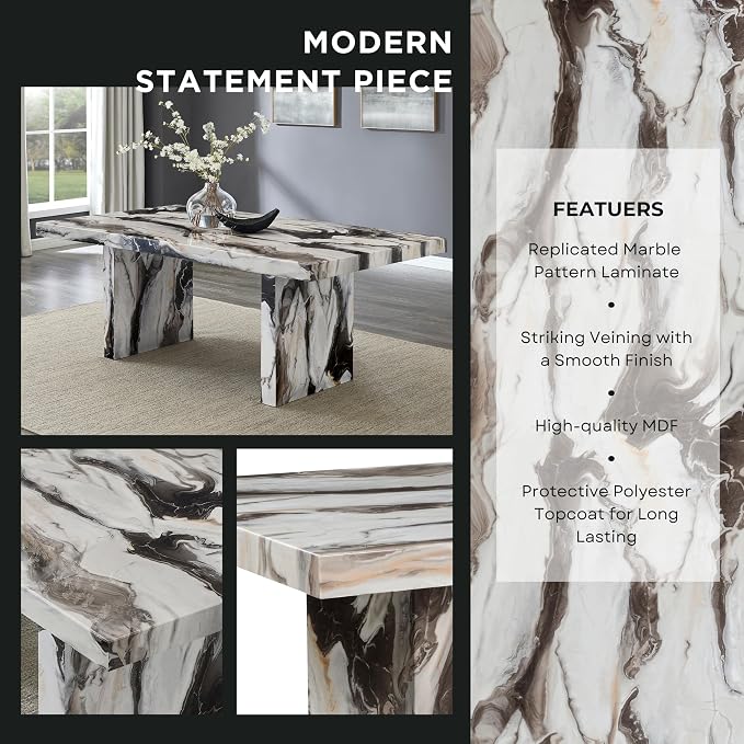 Roundhill Furniture Cavira Modern Faux Marble Dining Table with Double Pedestal Base