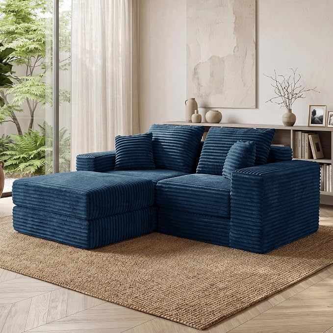 75'' L-Shaped Cloud Modular Sectional Couch with Chaise, Modern Corduroy Memory Foam Sofa Bed, Upholstered Boneless Deep Seat Fluffy Sleeper Sofa, for Living Room, No Assembly Needed (Blue)