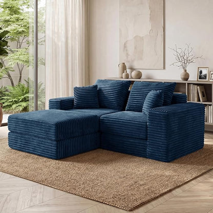 75'' L-Shaped Cloud Modular Sectional Couch with Chaise, Modern Corduroy Memory Foam Sofa Bed, Upholstered Boneless Deep Seat Fluffy Sleeper Sofa, for Living Room, No Assembly Needed (Blue)