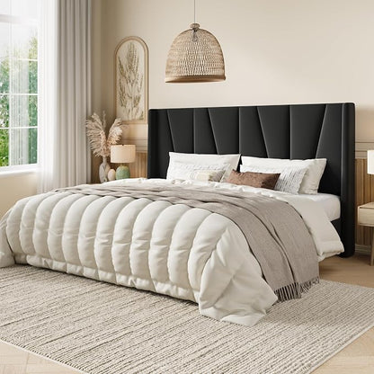 SHA CERLIN King Size Velvet Bed Frame with Geometric Wingback Headboard, Upholstered Platform Bed with Wooden Slats Support, 8" Under-Bed Space, No Box Spring Needed, Easy Assembly, Black