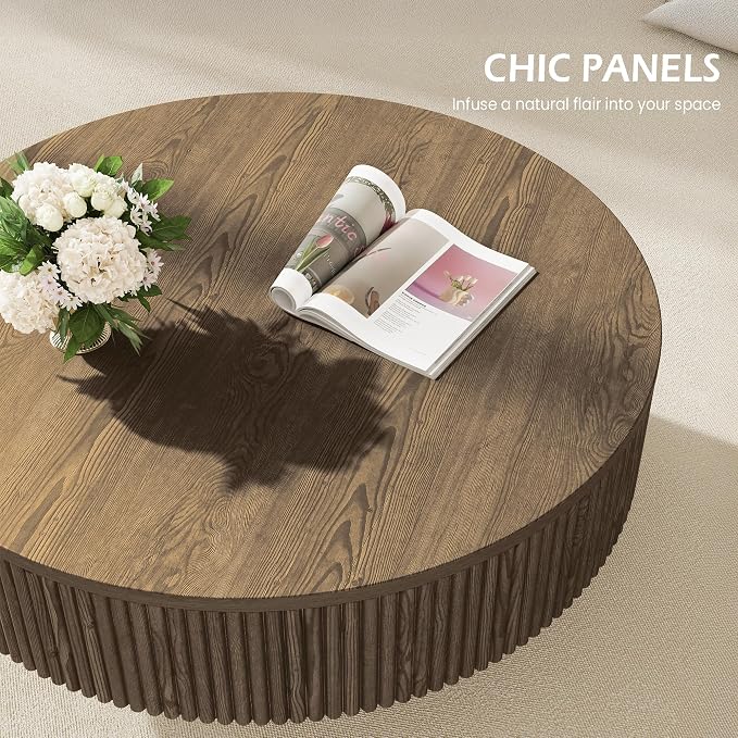 YOUDENOVA 31.5” Round Fluted Coffee Table, Modern Wood Circle Coffee Table, Veneer Handcrafted Relief Tea Table with Sturdy Pedestal for Living Room - Brown