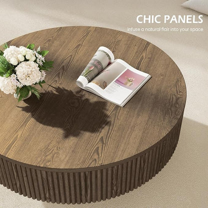 YOUDENOVA 35” Round Fluted Coffee Table, Modern Wood Circle Coffee Table, Veneer Handcrafted Relief Tea Table with Sturdy Pedestal for Living Room, Easy Assembly - Brown