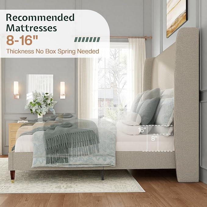 Jocisland Full Bed Frame 51.2" Wingback Headboard Linen Upholstered Platform Bed,Solid Wood Legs & Wooden Slats,No Box Spring Needed,Noise-Free,for Teen Room Small Bedroom Cozy Home,Brown