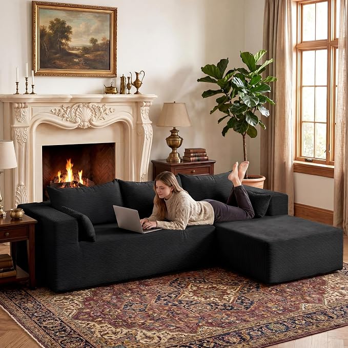 GRUSIGN106 Cloud Sectional Boneless Couch for Living Room, Modular L Shaped Couches with Oversized Right Facing Chaise, Memory Foam Compressed Spineless Deep Seat 3 Seater Sofa for Apartment, Black