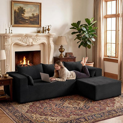 GRUSIGN106 Cloud Sectional Boneless Couch for Living Room, Modular L Shaped Couches with Oversized Right Facing Chaise, Memory Foam Compressed Spineless Deep Seat 3 Seater Sofa for Apartment, Black
