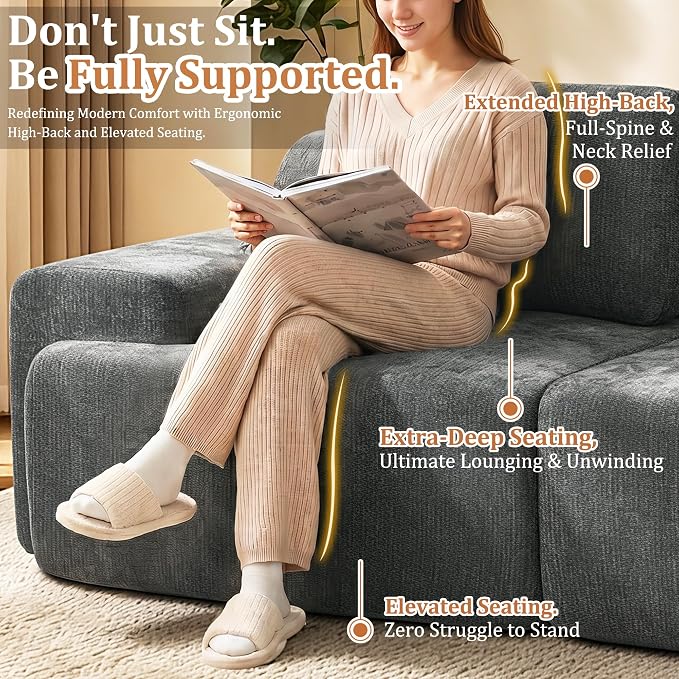 85" L Shaped Oversized Cloud Couch, Comfort Boneless Sectional Couches for Living Room, Modular Sofa High Back & Extra Deep Seat, No Assembly, Soft Chenille (Dark Grey, 85 inch- L Shaped（2+1）)