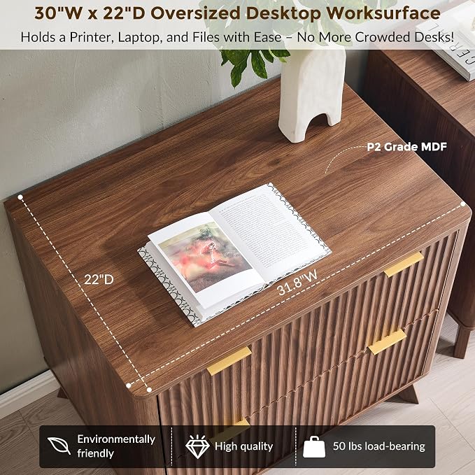 T4TREAM 2 Drawer File Cabinet, 31.8" Fluted Lateral File Cabinet w/Files Hanging Rod for Letter/Legal/A4, Large Tabletop for Printer, Office Wood Printer Cabinets, Light Walnut