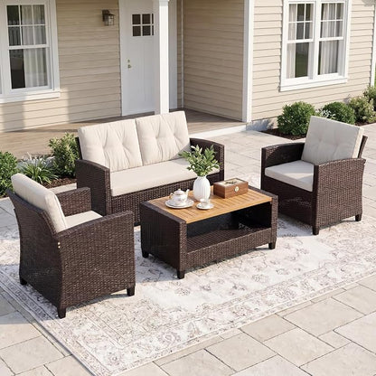 FansaFurn 4 Piece Outside Furniture, Wicker Patio Furniture Set, All Weather Outdoor Patio Sofa with Cushion and Acacia Wood Table, Outdoor Sofa for Backyard, Porch, Lawn, Patio, Deck, Garden, Beige