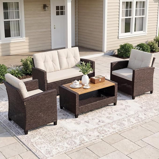 FansaFurn 4 Piece Outside Furniture, Wicker Patio Furniture Set, All Weather Outdoor Patio Sofa with Cushion and Acacia Wood Table, Outdoor Sofa for Backyard, Porch, Lawn, Patio, Deck, Garden, Beige