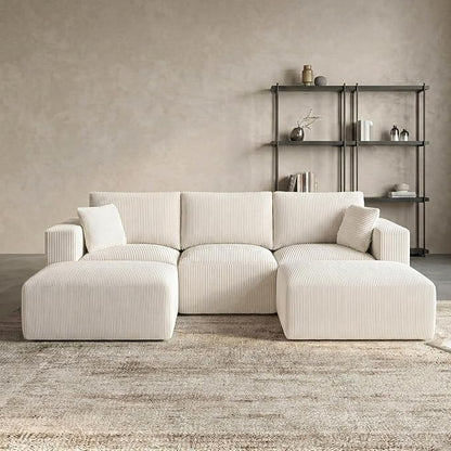 Living&Giving 115" Modular Cloud Boneless Couch, U Shaped Sectional Sofa with Chaise, Corduroy Floor Couch for Living Room, High-Density Foam & Firm Lumbar Support for Apartment, Beige