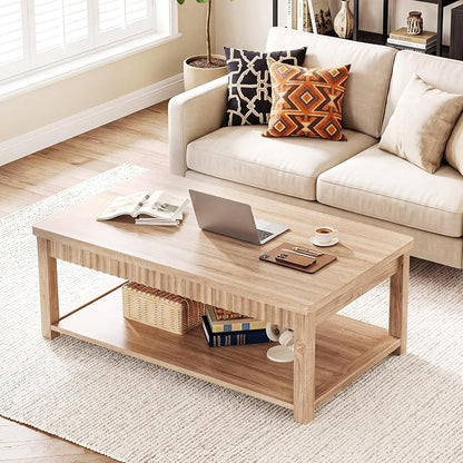 Homkdom Fluted Coffee Table, 2-Tier Storage Shelf, Oak | Heavy Duty 200 lb Capacity, Kids Friendly Rounded Corners