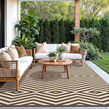 GENIMO Outdoor Rug for Patio Clearance, 6'x9' Reversible Plastic Straw Rugs, Lightweight Waterproof Modern RV Camping Mat for Camper, Balcony, Deck, Backyard, Picnic, Coffee Beige