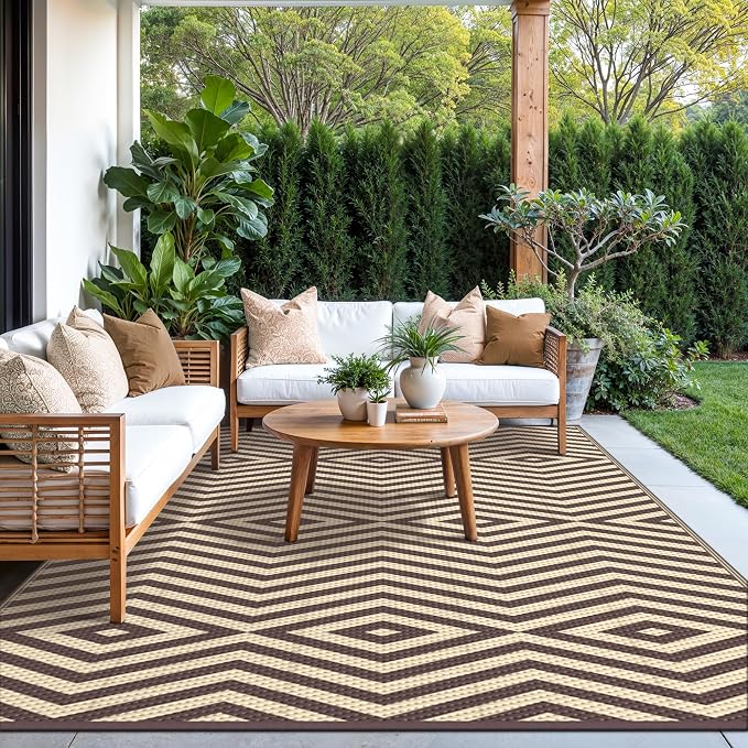 GENIMO Outdoor Rug for Patio Clearance, 8'x10' Reversible Plastic Straw Rugs, Lightweight Waterproof Modern RV Camping Mat for Camper, Balcony, Deck, Backyard, Picnic, Coffee Beige
