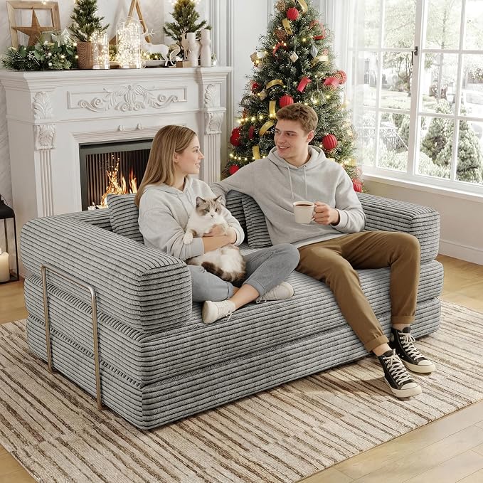 BSHOMGI 4 in 1 Convertible Sofas Boneless Couches with 2 Pillow, Modern Corduroy Futon Bed, Modular Queen Sofa with Pull-Out Bed, LoveSeat for Living Room, Small Space Apartment 59" 2 Seat