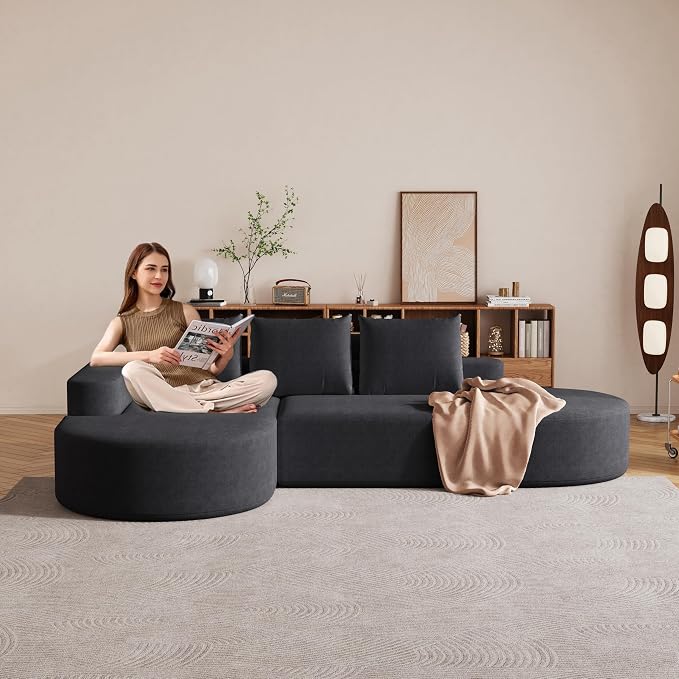 109" Modern Modular Curved L-Shaped Sofa, Chenille Upholstered Sectional Boneless Couch Set with 3 Pillows,Free Combination Sofa for Living Room (Black, 108.5" Right Lounge)