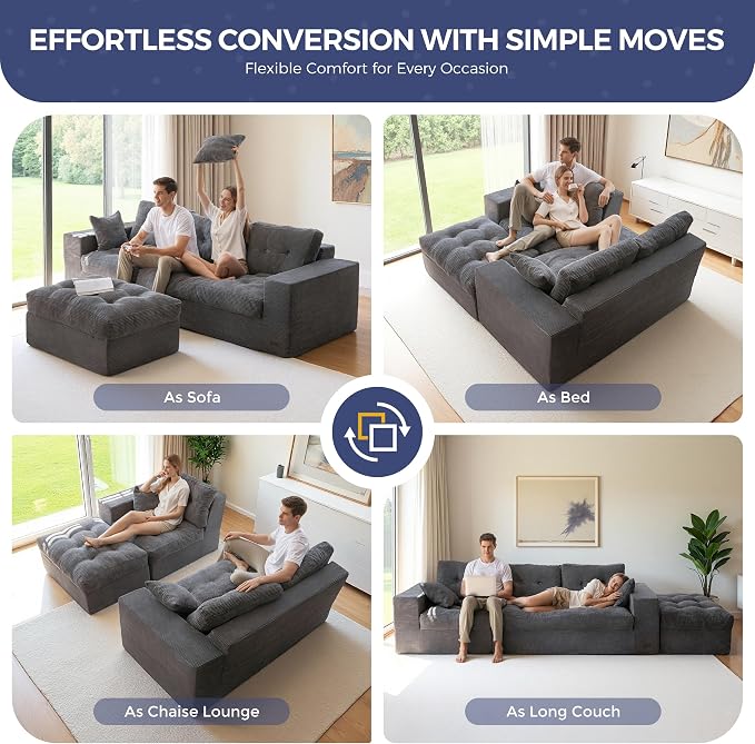 MAXYOYO L Shape Sectional Sofa Couch and Round Chaise Lounge, Modern Cloud Couch with Ottoman, Comfy Sofa with Layered Cushion, Tufted Upholstered Chair for Living Room, No Assembly Required