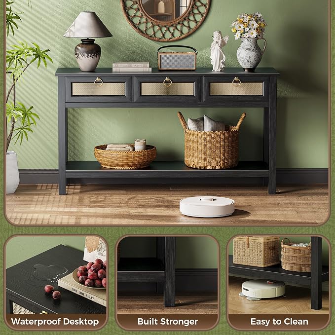 SUPERJARE Rattan Console Sofa Table with Outlets and USB-C Port, 3 Drawer Entryway Table with Synthetic Rattan Surface, Open Shelf, Behind Couch Entry Foyer Hallway Storage, Black