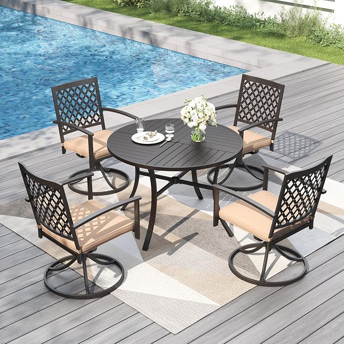PHI VILLA 5 Pieces Outdoor Dining Set for 4, Round Metal Steel Table with Umbrella Hole & Swivel Wrought Iron Chairs with Cushions, Large Modern Furniture for Patio, Deck, Backyard, Porch