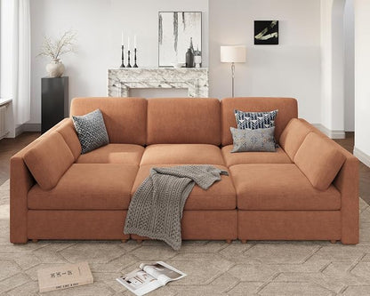 Oversized Modular Sectional Sleeper Sofa Bed Cloud Couches Brown | Deep Seat Couch for Living Room, 6-Seater Luxury Comfortable Sofa with Ottoman, Solid Wood Frame, Removable Washable Cover