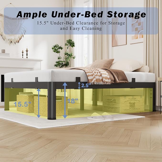 18 Inch California King Bed Frames, Heavy Duty Metal Cal King Bed Frame, Rounded Corner & No-Slip Mattress Grip, 4000LBS Squeak-Free Platform Bed Frame with Headboard Holes Easy Assembly